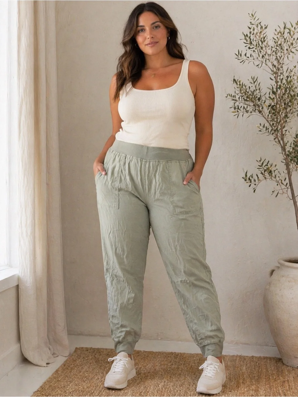 💟 Vanilla Star 🌿 Sage Green Linen Blend Jogger Pants - Picture 2 of 6